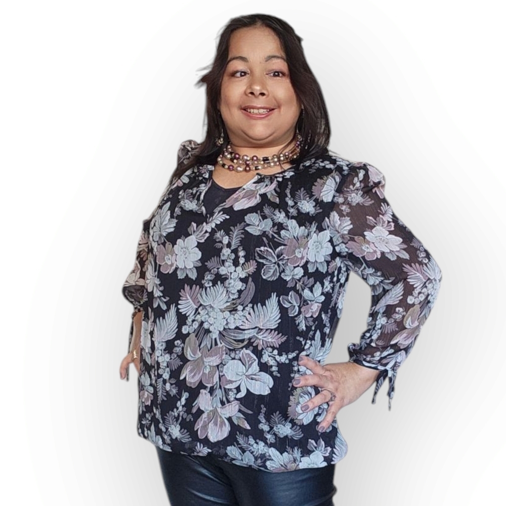 Tamera H Floral Blouse in Black and Gray Womens Size Large - Picture 3 of 14